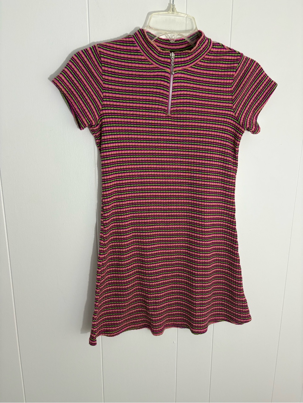 Vintage Girls' Pink & Black Striped Knit Dress with Zip Collar